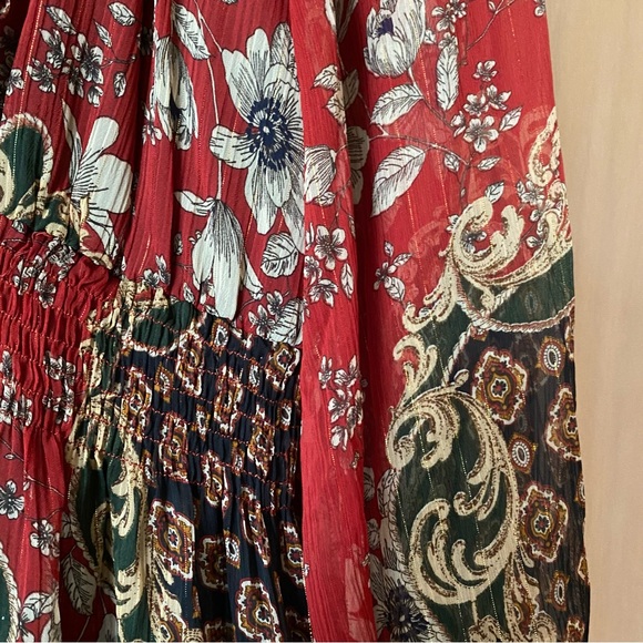 Zara bohemian floral printed metallic thread midi dress red gold - Picture 8 of 15